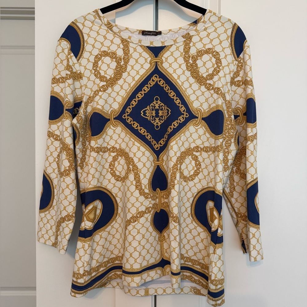 J. McLaughlin Blue and Gold Patterned 3/4  Sleeve Top